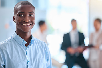 Image showing Portrait of smiling face of business man working at corporate company, leadership of African businessman in meeting at office. Black manager, employee or worker proud of startup and teamwork