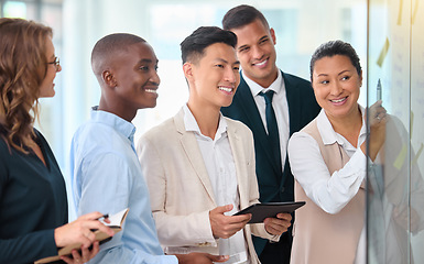 Image showing Teamwork meeting, strategy planning and employee collaboration with analytics, logistics and idea on glass wall in a corporate company office. Business people working with vision and schedule notes