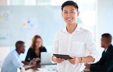 Image showing Portrait of business man working on tablet in office, planning with team in meeting and management of corporate teamwork seminar. Happy manager or worker in communication on technology at company