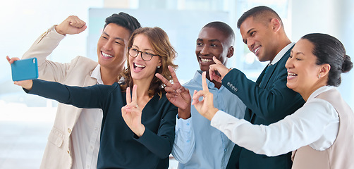 Image showing Peace, selfie and collaboration with a team photograph showing motivation and celebration of success in teamwork. Cheering, win and picture with a group of business people cheering and happy at work