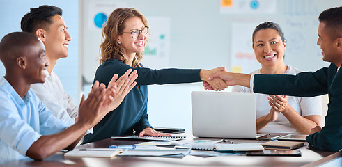 Image showing Business people handshake collaboration, thank you and contract in meeting with diversity, teamwork and collaboration. Happy manager b2b partnership or investment in company growth and staff applause