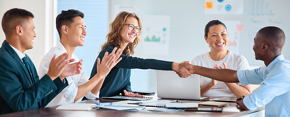 Image showing Business people handshake collaboration, thank you and contract in meeting with diversity, teamwork and collaboration. Happy manager b2b partnership or investment in company growth and staff applause