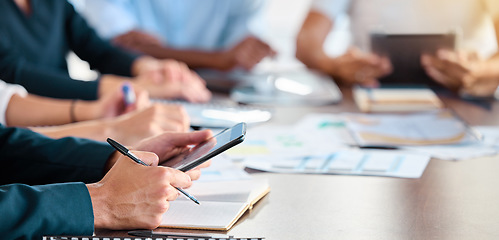 Image showing Business marketing meeting and manager with tablet searching the internet for teamwork in an office. Closeup hands of employee working on project management strategy with an online app in a boardroom