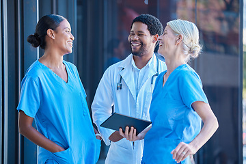 Image showing Diversity, teamwork and healthcare, a team of doctors talking and laughing outside a hospital. A happy black doctor and women nurses having a conversation. A group of medical employees during a break