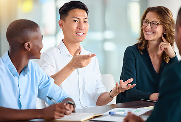 Image showing Collaboration of business people in meeting for project management planning an success, goal or strategy for about us and faq. Happy diversity corporate team or employee with idea for company growth