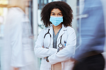 Image showing Medical doctor, woman nurse in covid and healthcare professional. Worried face expression, female professional with mask on during pandemic crisis, essential worker in lockdown lab coat practitioner