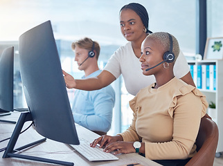 Image showing Call center manager coaching sales consultant, telemarketing employee and crm customer service worker with computer software in office agency. Mentor training woman with pc tech solution and strategy