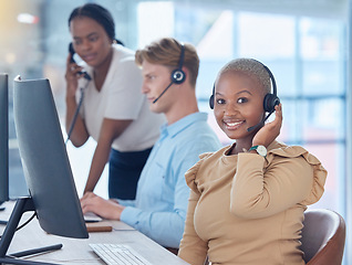 Image showing About us, call center and contact us for our customer support desk to help you with insurance loans. Thank you, telemarketing and happy customer service consultant agent with a smile and headset