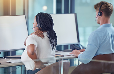 Image showing Pain, injury and muscle with a woman call center agent or support staff employee holding her shoulder and back in the office. Anatomy, inflammation and swollen joint from bad posture at work