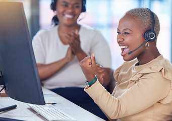 Image showing Excited call center success celebration, telemarketing sales goal and crm consultant winner for customer service deal, target trading and agent bonus. Happy worker, employee and staff with motivation