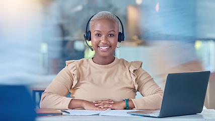 Image showing Call center, customer service and contact us support worker with laptop in busy office working on crm consulting. Smile portrait of happy receptionist, telemarketing woman or communication consultant