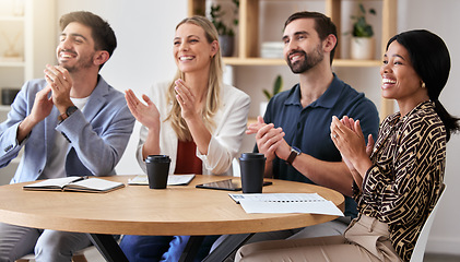 Image showing Diversity, audience and creative workers clapping hands for a celebration, growth and good news in a startup company. Motivation, teamwork and thank you applause for target or goal achievement