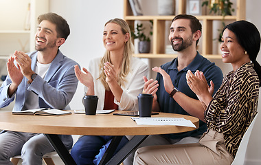 Image showing Applause, success and celebrating business people in a meeting clapping hands for company growth. Happy team of employee excited and in support of a successful strategy due to teamwork