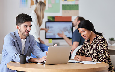 Image showing Business people planning laptop ideas, vision and teamwork project in startup office agency. Diversity workers, designers and staff collaboration, meeting and discussion for creative company strategy