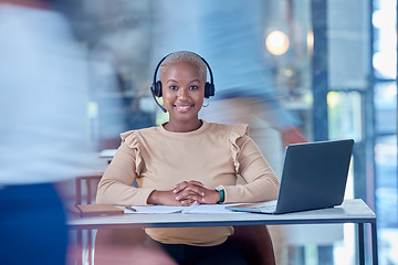 Image showing Call center worker, business administration sales consultant and black woman networking, contact and consulting for crm telemarketing in busy office. Portrait of happy customer service communication