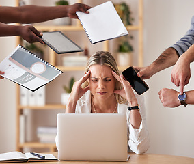Image showing Burnout, headache and stress business woman or entrepreneur working with depression, anxiety and mental health in office space. Corporate employee feel tired, sad and anxious about deadlines.