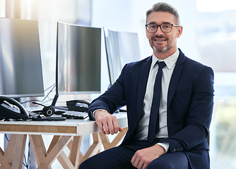Image showing Portrait of computer information technology manager, software programmer or business man engineer. Trust, leadership and vision of an IT man in company cybersecurity management with smile for success