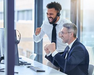 Image showing Business people happy on success on trading, stock market and financial investment or forex. Invest, teamwork and strategy corporate finance team cheer for business profit data during economy growth