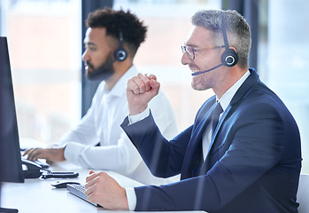 Image showing Winner, finance and financial trader happy with stock market success and celebrate winning with a smile at his pc desk. Fintech, economy and global news of investment analytics with prices in profits