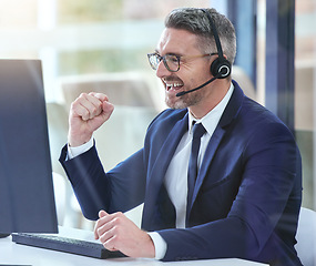 Image showing Business man sales success, telemarketing goal celebration and crm consultant winner for call center deal, crypto trading and stock market agent bonus. Happy office computer worker with motivation