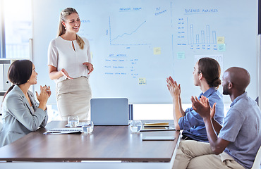 Image showing Clapping, success workshop or teamwork business meeting for happy creative marketing speaker on office whiteboard. Diversity, motivation or planning kpi data idea in training or strategy presentation