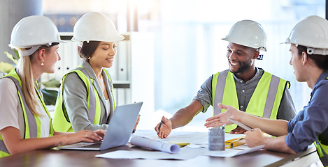 Image showing Construction, building maintenance and management team collaboration on a teamwork project. Contractor, builder and architect planning a home improvement strategy, vision and architecture logistics