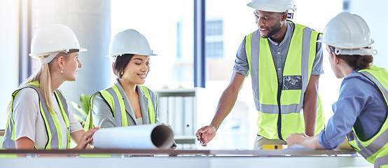 Image showing Team of industrial engineer planning with blueprint paperwork in a business meeting. Business people collaborate or construction creatives collaboration for work project and brainstorm together