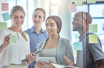 Image showing Sticky notes, planning and collaboration or teamwork from diversity team of designer, marketing or advertising worker. Thinking, partnership and strategy at employee business meeting for success idea