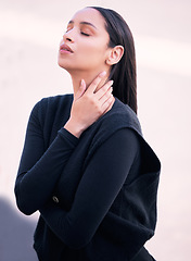 Image showing Portrait, woman and hands of an attractive female touching her neck in relief over mockup background. Lady in self love, satisfaction and relaxation and relieved in the outdoors to breath fresh air.