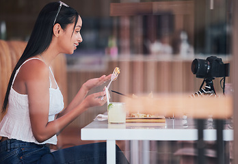 Image showing Camera streaming, food influencer and social media meal review on content creator marketing blog. Communication, happy and creative blogger, woman or podcast photographer advertising cafe restaurant