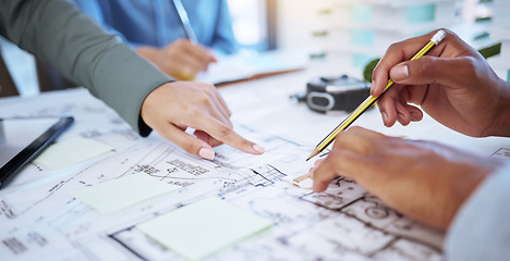 Image showing Architect, planning or blueprint with a designer and engineer working as a team in construction, architecture and design industry. Building, teamwork and collaboration with the hands of a contractor