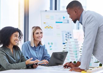 Image showing Team, design and architecture of a group of architect people working on a site plan or strategy with laptop and digital tablet. Business contractors in teamwork, planning and paper design layout.