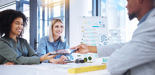 Image showing Architect, project management and meeting with business people about planning, construction site or portfolio. Architecture, corporate and consulting designer working on idea for building blueprint