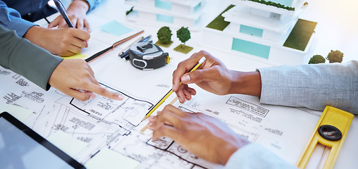 Image showing Architect hands working on architecture design, blueprint or floor plan engineering with paper, pencil and planning in office. Business teamwork industry workers collaboration on project development