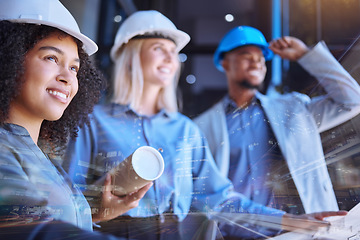 Image showing Diversity, team and blueprint of a group of architect people working on a site plan for construction or building. Business contractors in teamwork, double exposure and overlay with a vision at work.