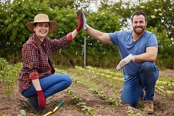 Image showing High five, farm and agriculture with a farmer in partnership and collaboration as a team in the agricultural and farming industry. Motivation, success and sustainability in the harvest season