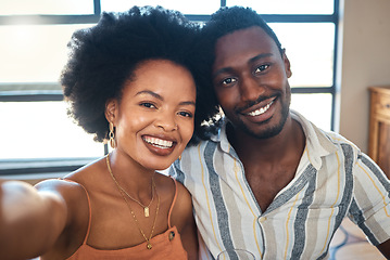 Image showing Couple, people and black woman and man in a selfie portrait on a lovely, happy and beautiful date together. Smile, romantic and young boyfriend and girlfriend taking pictures for social media content