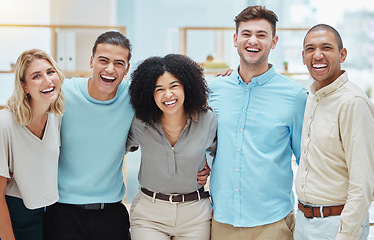 Image showing Diversity, teamwork and support with business people, corporate workers and company employees happy, smile and trust. Mindset, leadership and collaboration growth management portrait in office.