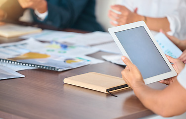 Image showing Tablet, business meeting and mock up screen at corporate office desk with investors or team. Management, notes and analytics data report on digital technology for conference or presentation.