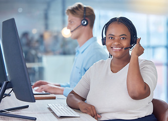 Image showing Telemarketing, smile and call center worker on phone call communication with customer questions, sales or inbound marketing. Help desk consultant working in, contact us or customer support office