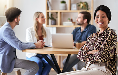 Image showing Leadership, manager and team leader of creative designers having a meeting for growth and innovation in a modern office. Portrait of a black entrepreneur feeling happy about office management