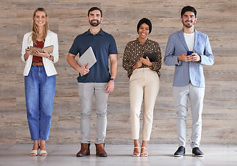 Image showing Digital marketing team or business people happy for company growth and standing in an office building. Portrait of advertising employees or colleagues smiling working on startup social media strategy