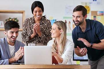 Image showing Business teamwork clapping for deal success, achievement and winner motivation while working on laptop in startup office. Happy company of people, employee collaboration and worker in support of goal