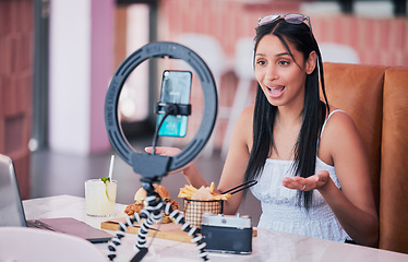 Image showing Woman influencer, food review blog and content creator filming online video in cafe restaurant. Creative live streaming, shooting 5g web vlog and virtual mobile phone app broadcast for social media