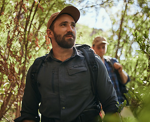 Image showing Friends hike in nature environment while journey in a green forest together, being active and bonding outdoor. Male walking on path in the woods, enjoying a physical challenge and trekking adventure