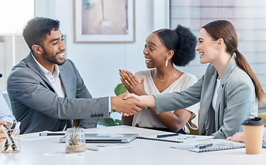 Image showing Success handshake, b2b partnership deal and client agreement of teamwork collaboration in a office. Thank you, welcome or happy business of a crm corporate contract business meeting or job strategy