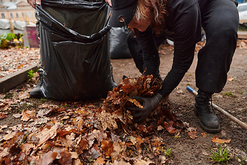 Image showing Father-daughter duo bonding in the garden as they work together to collect fallen leaves and fill up a bag on a crisp autumn day.