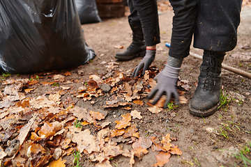 Image showing Father-daughter duo bonding in the garden as they work together to collect fallen leaves and fill up a bag on a crisp autumn day.