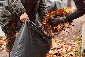 Image showing Father-daughter duo bonding in the garden as they work together to collect fallen leaves and fill up a bag on a crisp autumn day.