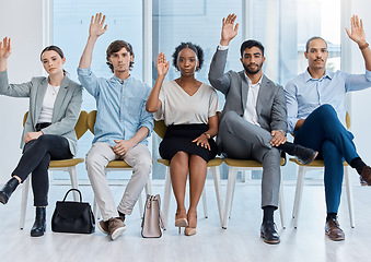 Image showing Hands of business people asking questions in seminar conference at work, voting for strategy and solution to problem in meeting at company. Portrait of corporate employees in collaboration as team